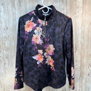 Chico's Womens Athletic Pullover Purple Floral 1/4 Zip Lightweight Athleisure 1